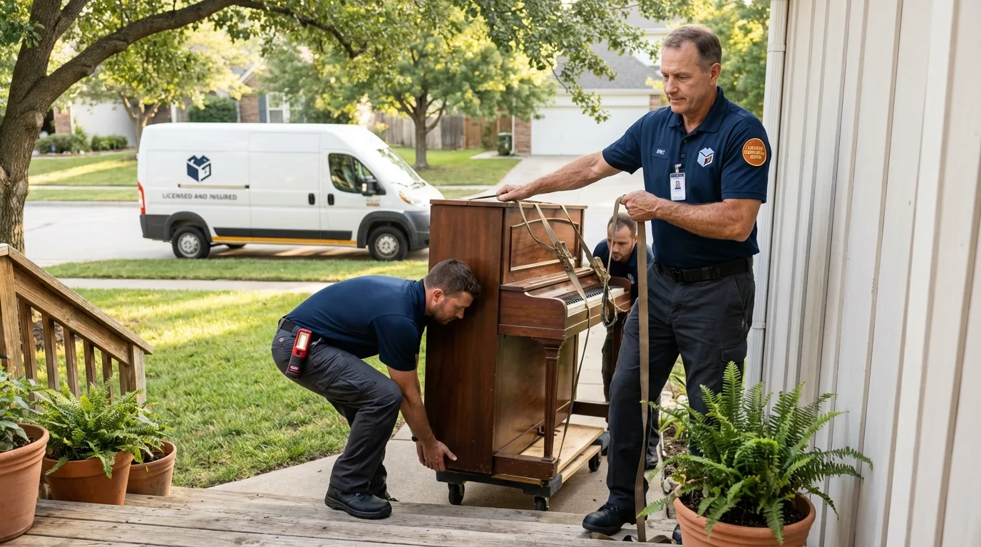Licensed piano movers securing grand piano in Broussard, LA