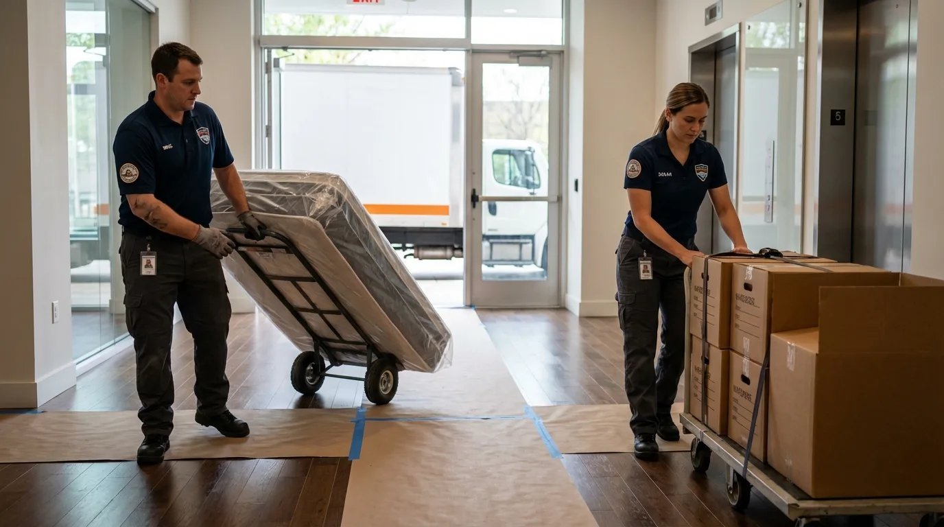 Professional apartment movers loading elevator in Broussard, LA